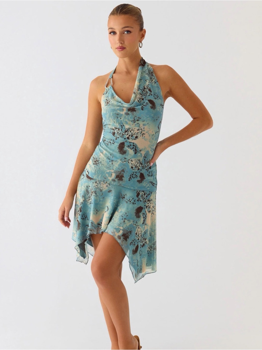 Peppermayo Teal Blue Asymmetrical Halter Dress